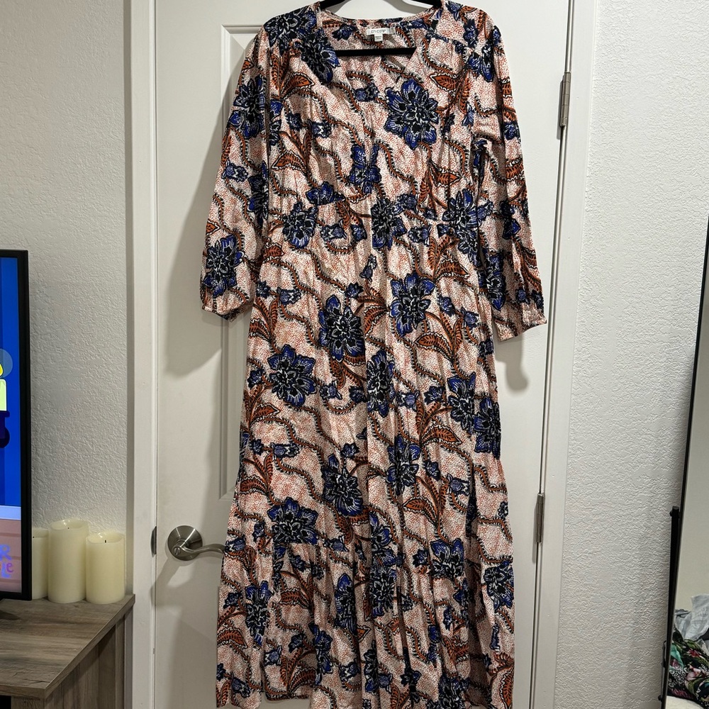 Chico's Blue and Brown Floral Long Sleeve Dress